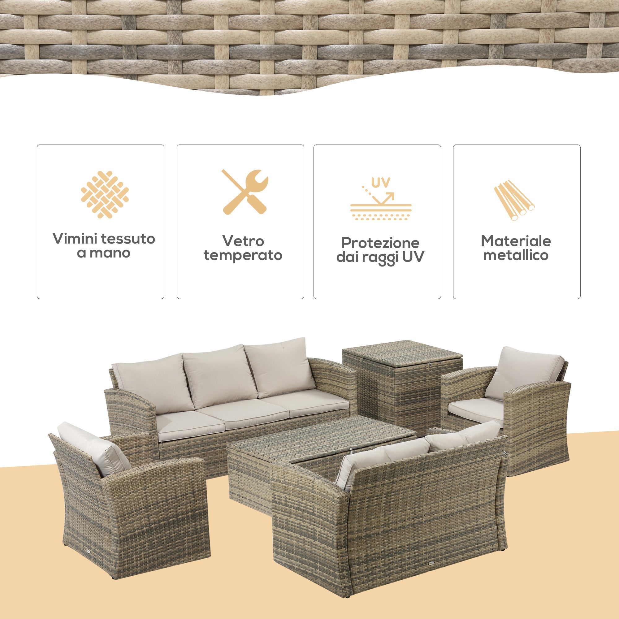 Easycomfort Set Mobili da Giardino 6 Pezzi in Rattan with Divani, Poltrone e Tavoli Contenitore, Beige