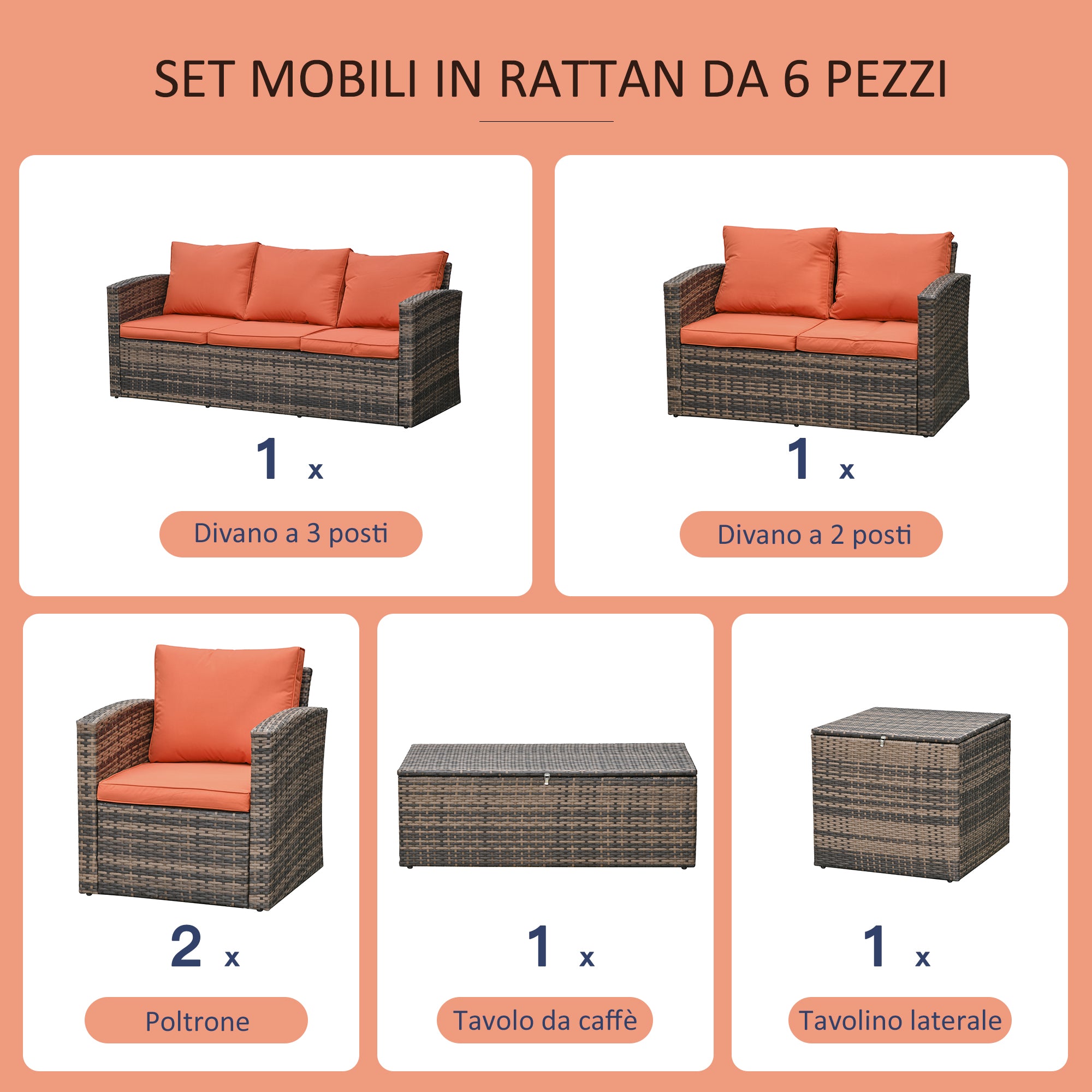 EASYCOMFORT Garden Furniture 6 Pieces in Rattan Sofas Armchairs Storage Tables