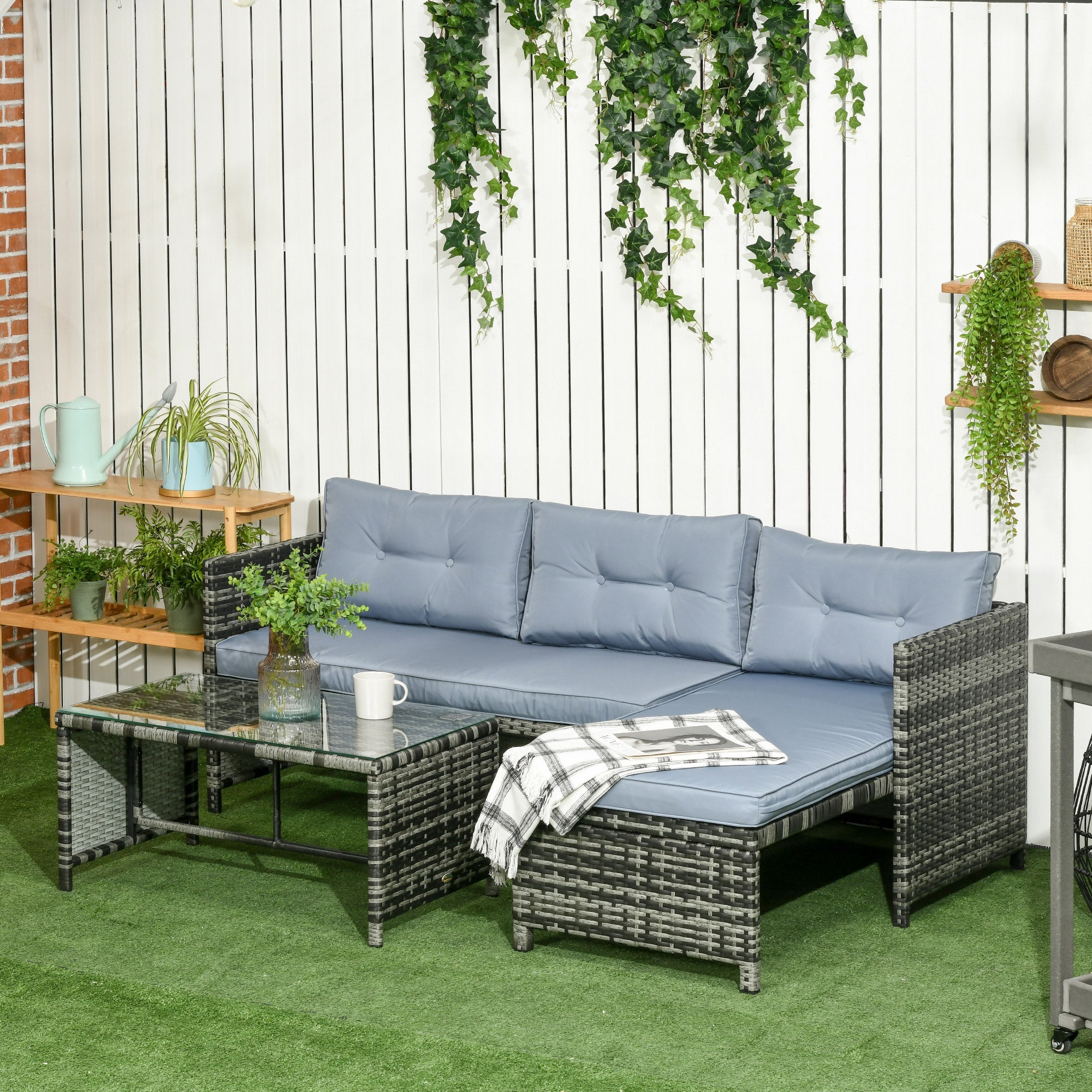 Easycomfort Salotto da Giardino with Divanetto, Chaise Longue e Tavolino in Rattan PE with Cuscini, Grigio