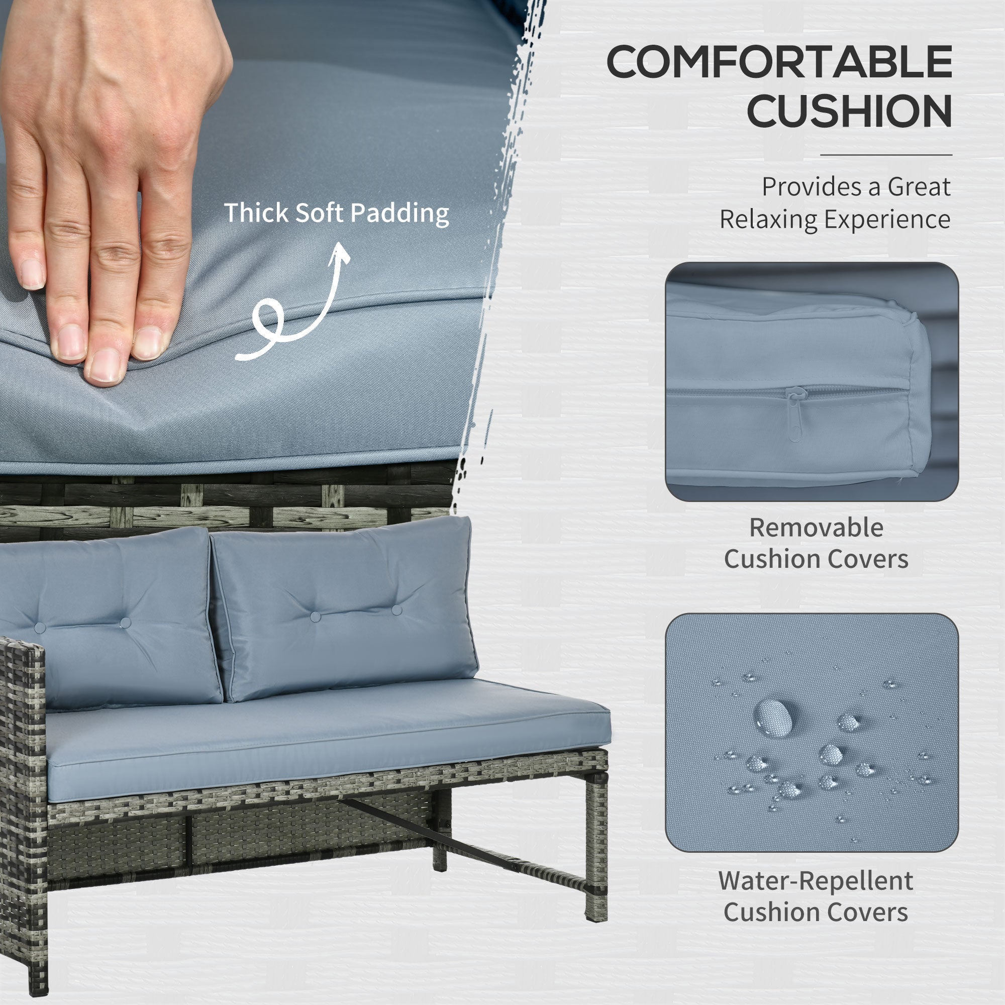 Easycomfort Salotto da Giardino with Divanetto, Chaise Longue e Tavolino in Rattan PE with Cuscini, Grigio