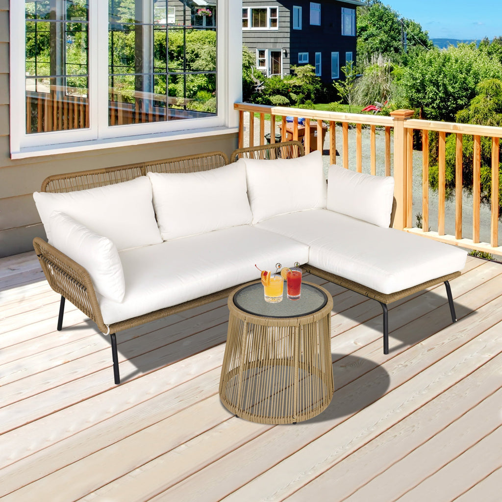 Easycomfort Set da Giardino in Rattan Stile Boho Chic with Divano Angolare e e Tavolino, Beige e Caffè