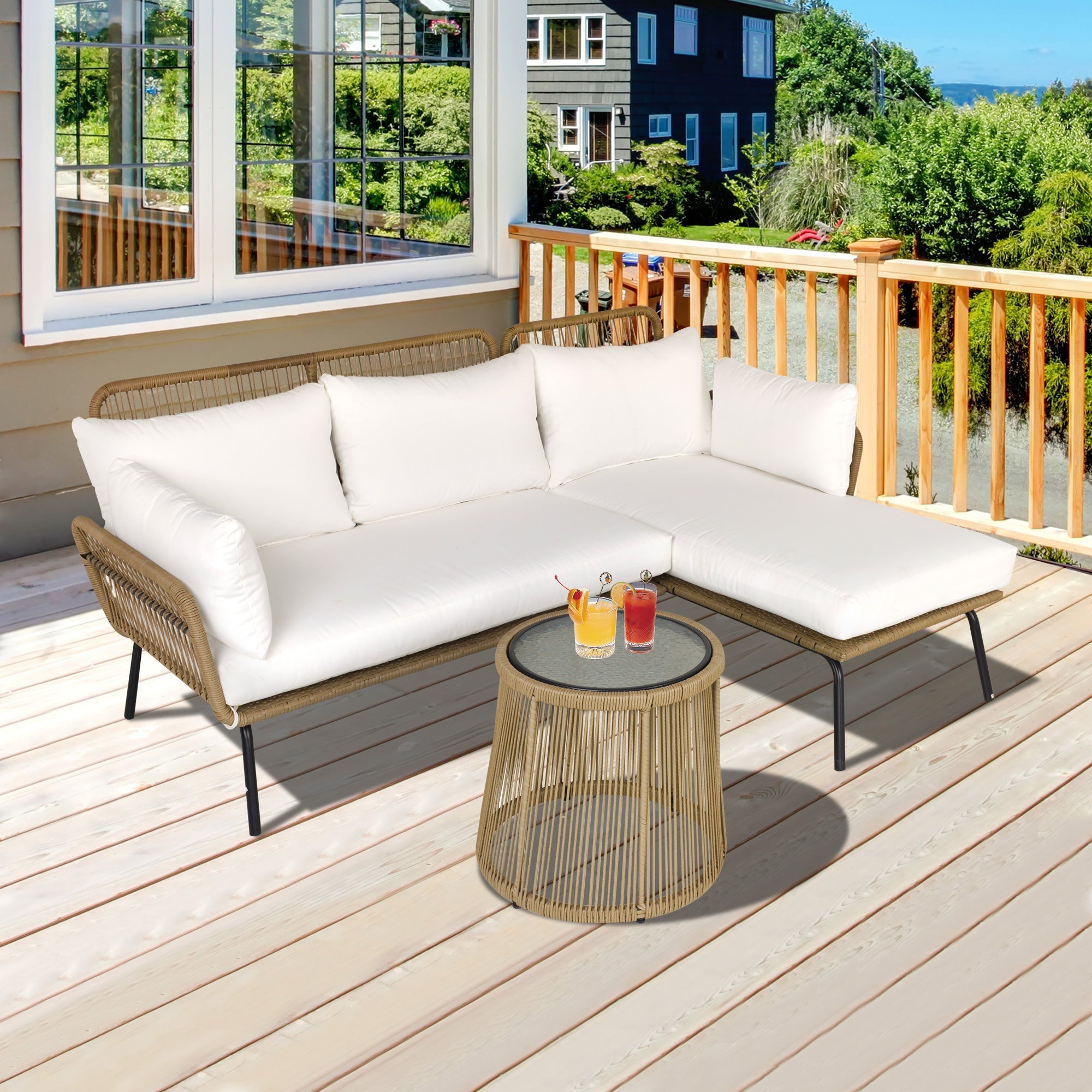 Easycomfort Set da Giardino in Rattan Stile Boho Chic with Divano Angolare e e Tavolino, Beige e Caffè