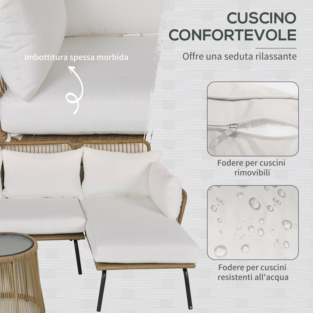 Easycomfort Set da Giardino in Rattan Stile Boho Chic with Divano Angolare e e Tavolino, Beige e Caffè