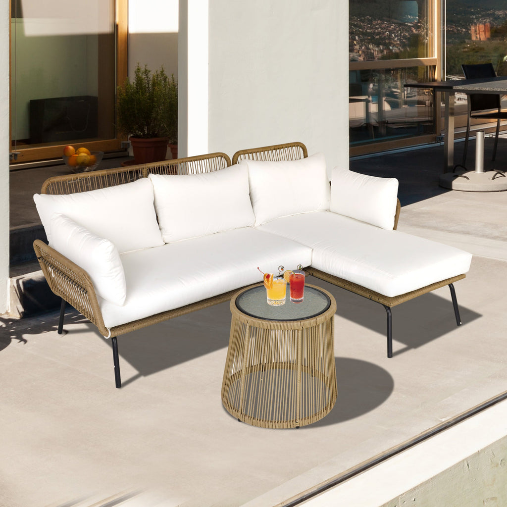 Easycomfort Set da Giardino in Rattan Stile Boho Chic with Divano Angolare e e Tavolino, Beige e Caffè