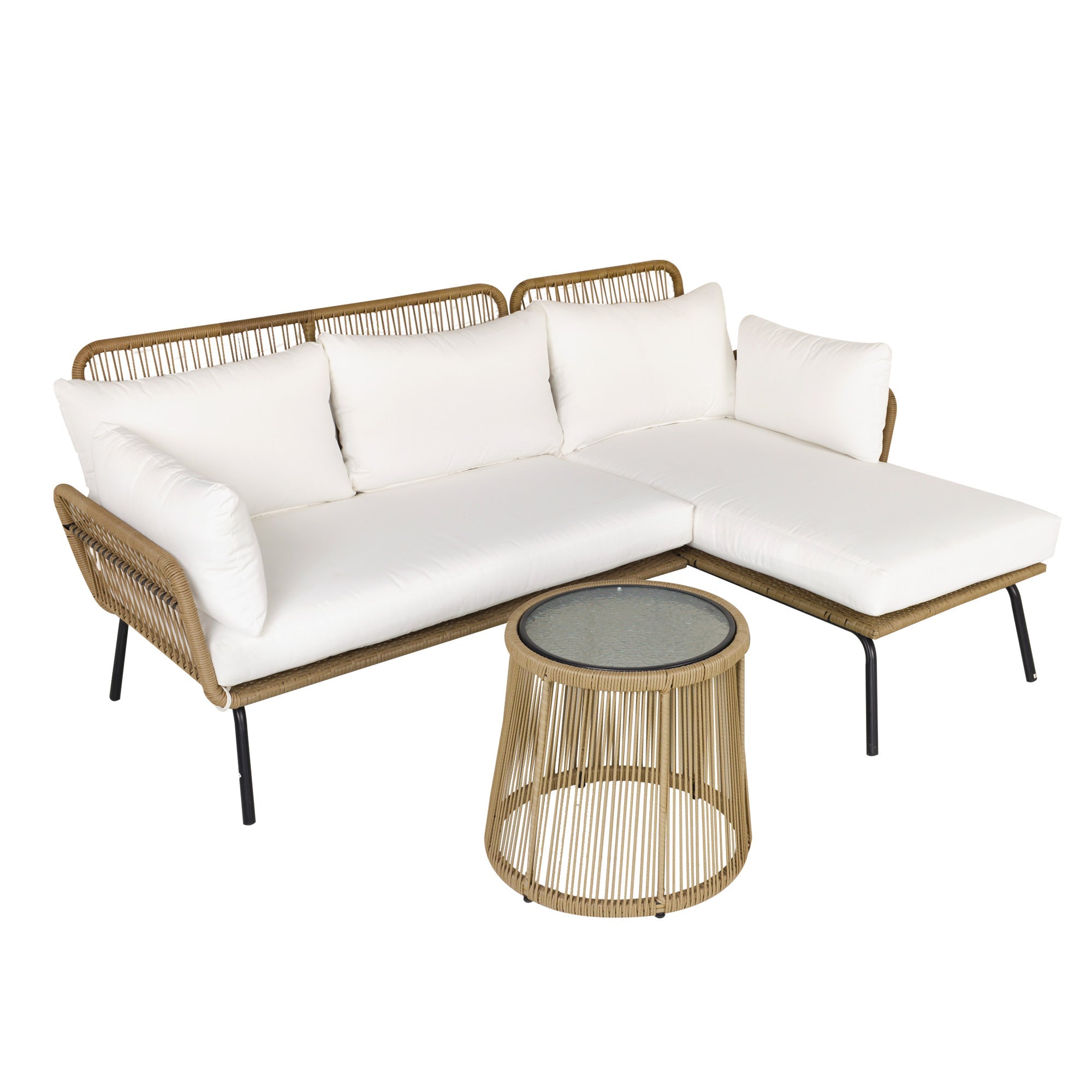 Easycomfort Set da Giardino in Rattan Stile Boho Chic with Divano Angolare e e Tavolino, Beige e Caffè