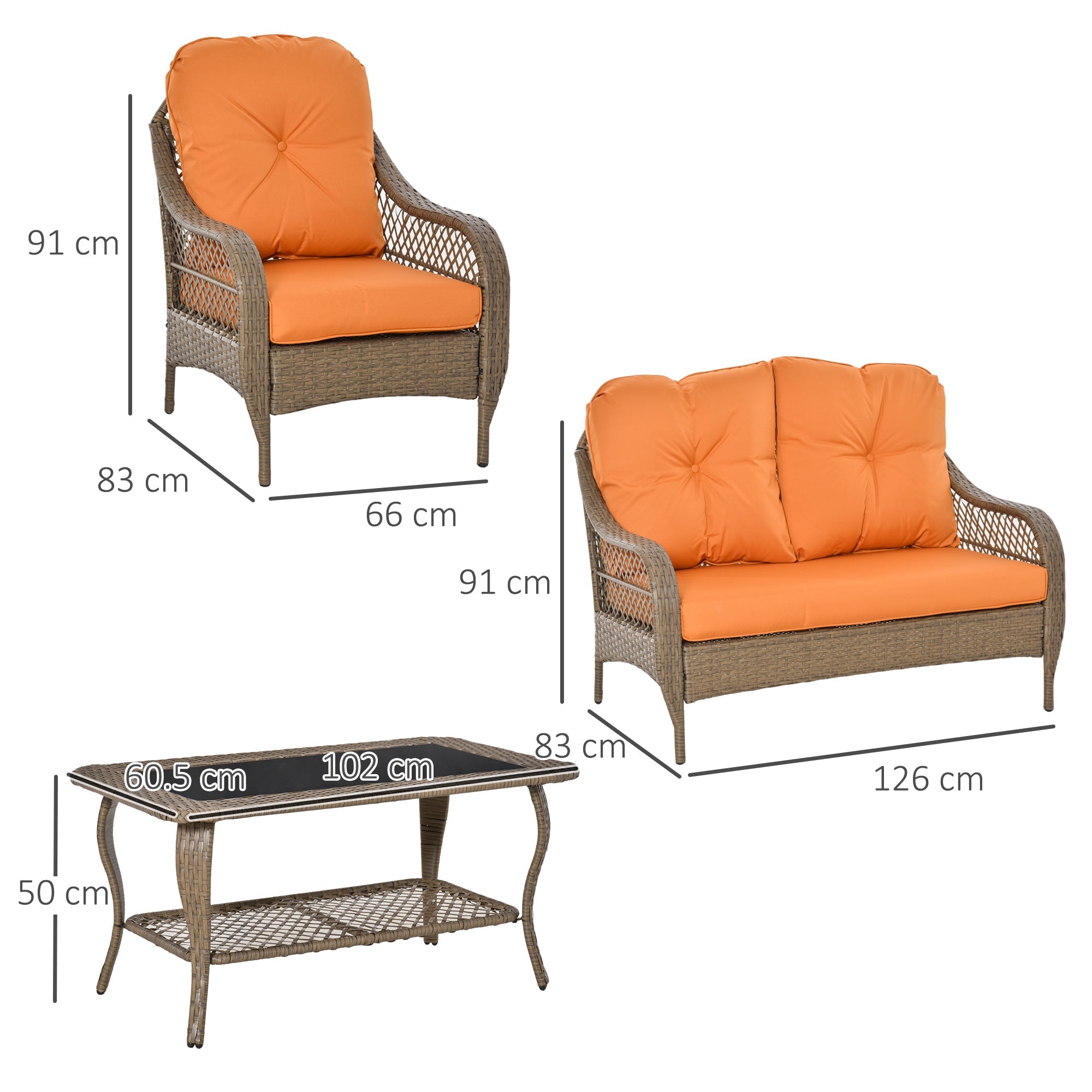 Easycomfort Set Mobili da Giardino in Rattan PE with 2 Poltrone Divano a 2 Posti e Tavolo e Cuscini, Colore Khaki e Arancione