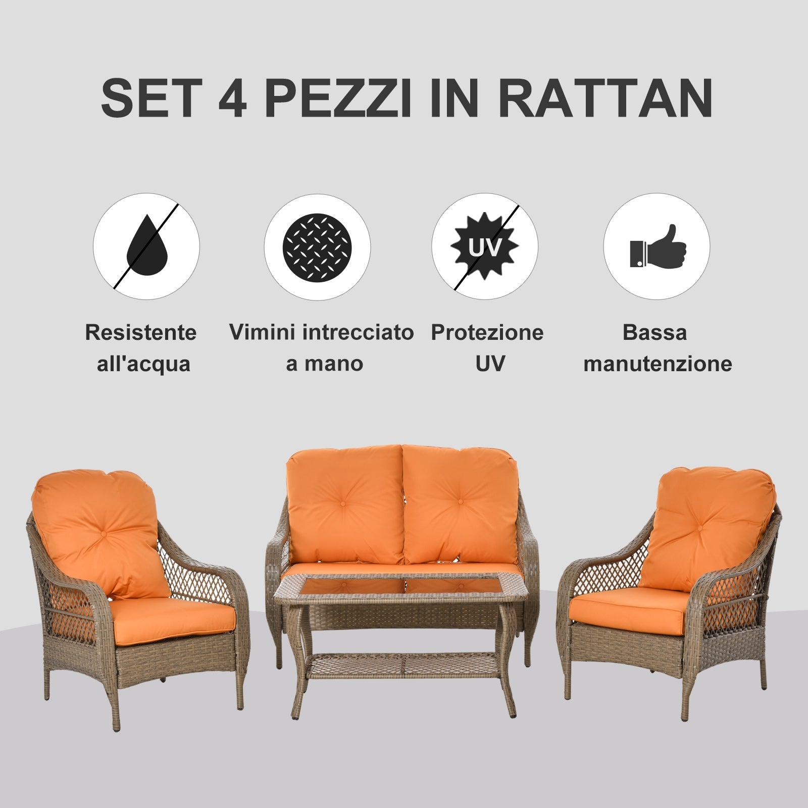 Easycomfort Set Mobili da Giardino in Rattan PE with 2 Poltrone Divano a 2 Posti e Tavolo e Cuscini, Colore Khaki e Arancione