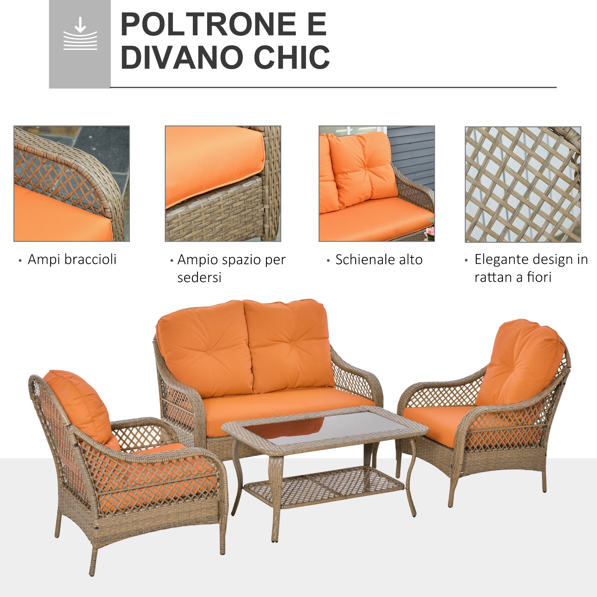 Easycomfort Set Mobili da Giardino in Rattan PE with 2 Poltrone Divano a 2 Posti e Tavolo e Cuscini, Colore Khaki e Arancione