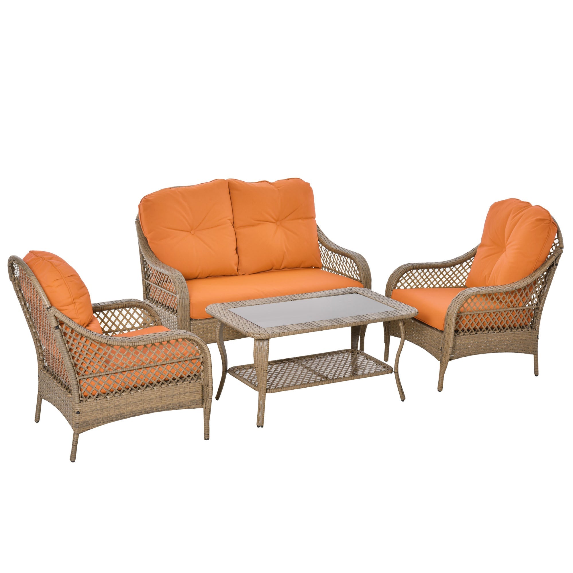 Easycomfort Set Mobili da Giardino in Rattan PE with 2 Poltrone Divano a 2 Posti e Tavolo e Cuscini, Colore Khaki e Arancione