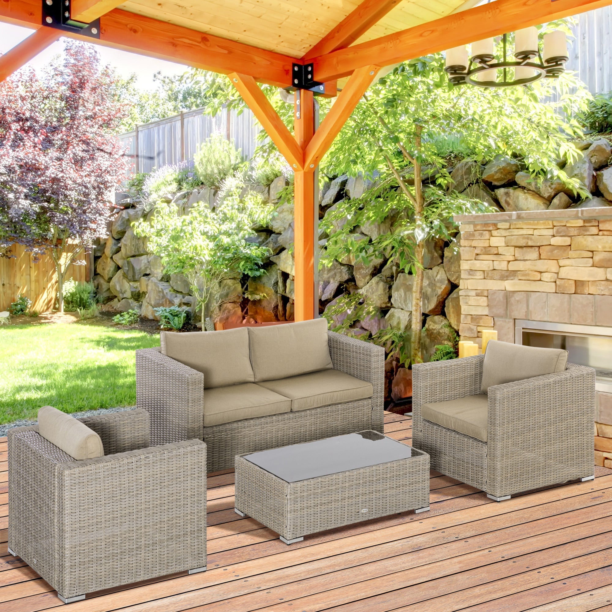 EASYCOMFORT 4-Piece Garden Furniture Set in PE Rattan, Outdoor Lounge with 1 Sofa, 2 Armchairs, 1 Coffee Table and Removable and Washable Cushions, Khaki and Beige