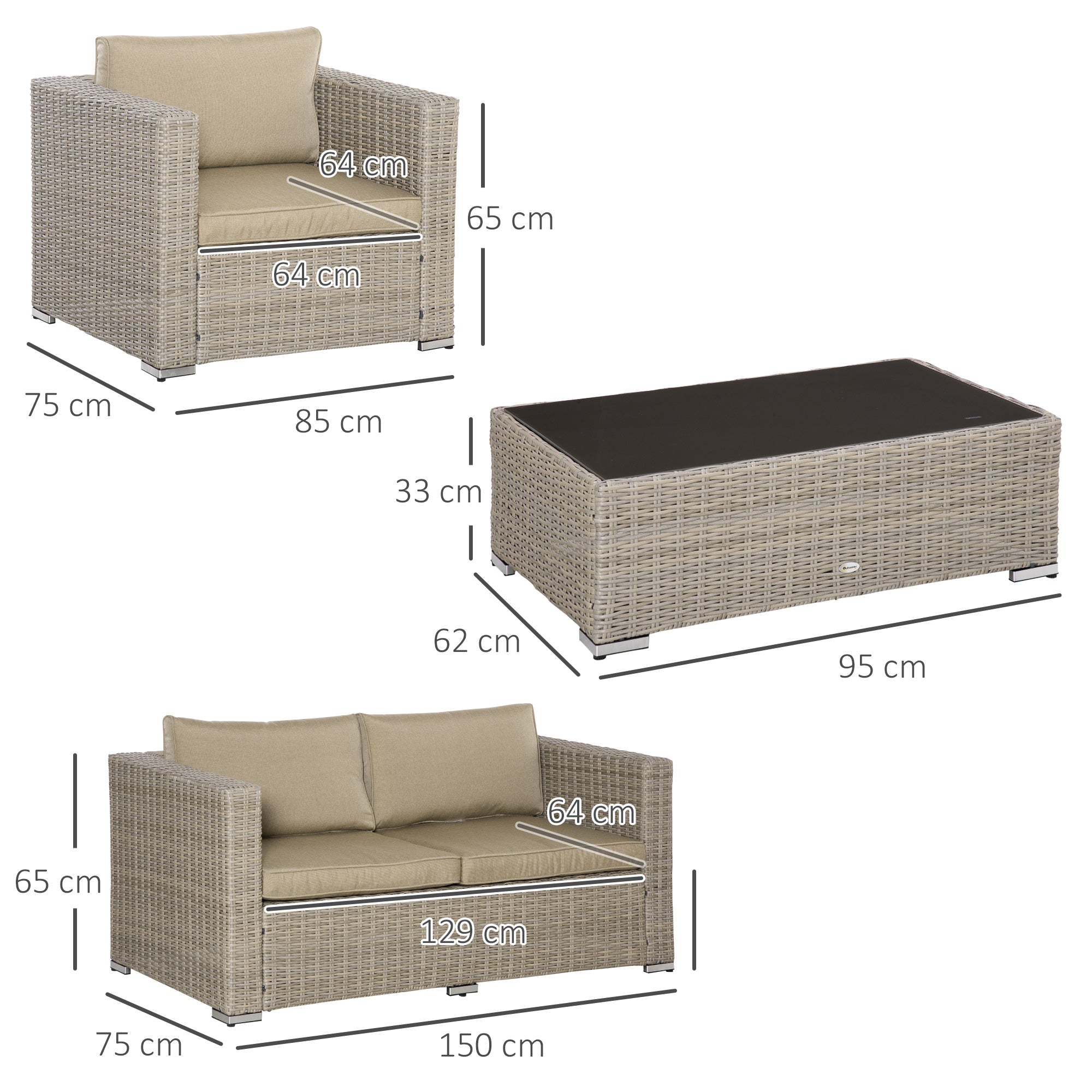 EASYCOMFORT 4-Piece Garden Furniture Set in PE Rattan, Outdoor Lounge with 1 Sofa, 2 Armchairs, 1 Coffee Table and Removable and Washable Cushions, Khaki and Beige