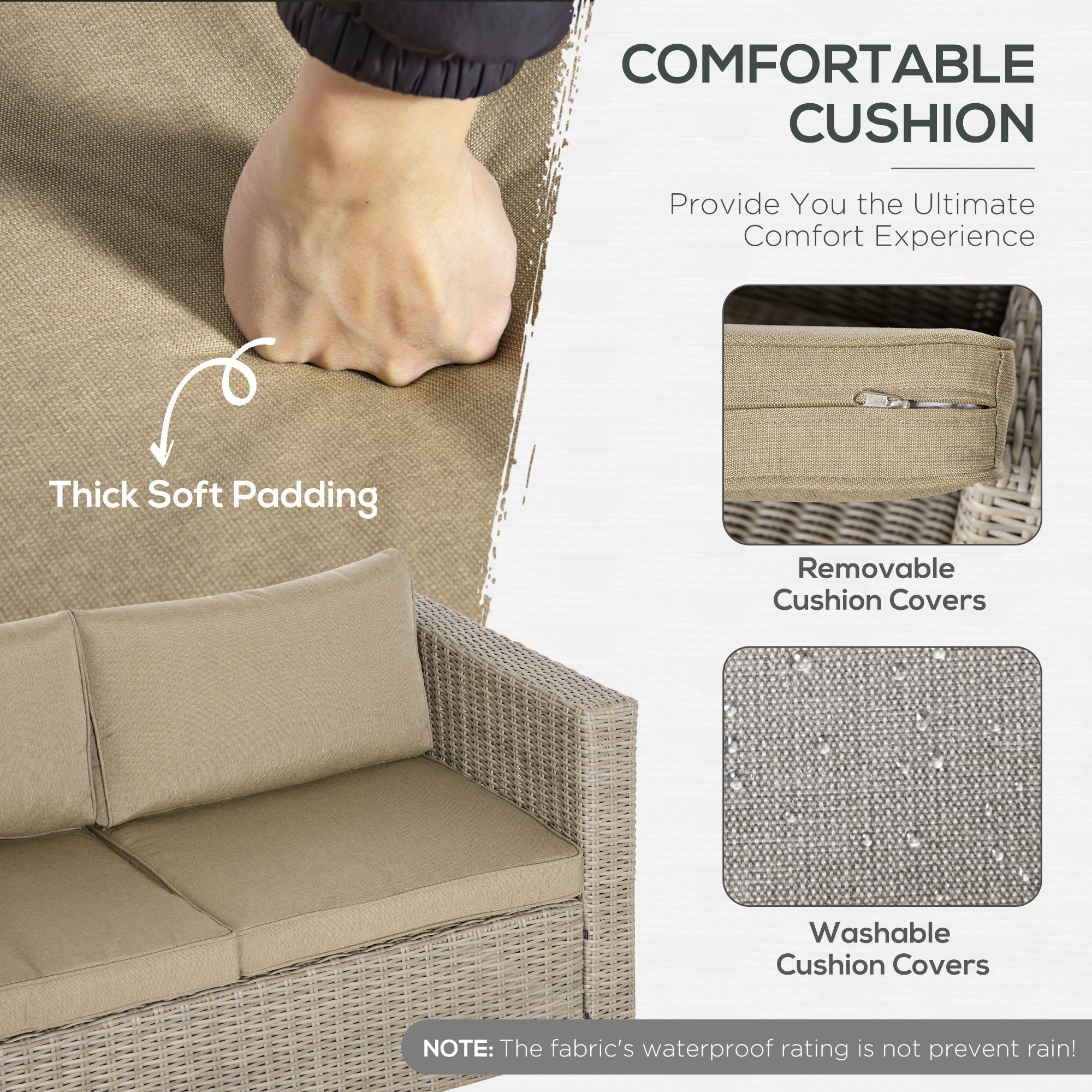 EASYCOMFORT 4-Piece Garden Furniture Set in PE Rattan, Outdoor Lounge with 1 Sofa, 2 Armchairs, 1 Coffee Table and Removable and Washable Cushions, Khaki and Beige