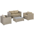 EASYCOMFORT 4-Piece Garden Furniture Set in PE Rattan, Outdoor Lounge with 1 Sofa, 2 Armchairs, 1 Coffee Table and Removable and Washable Cushions, Khaki and Beige