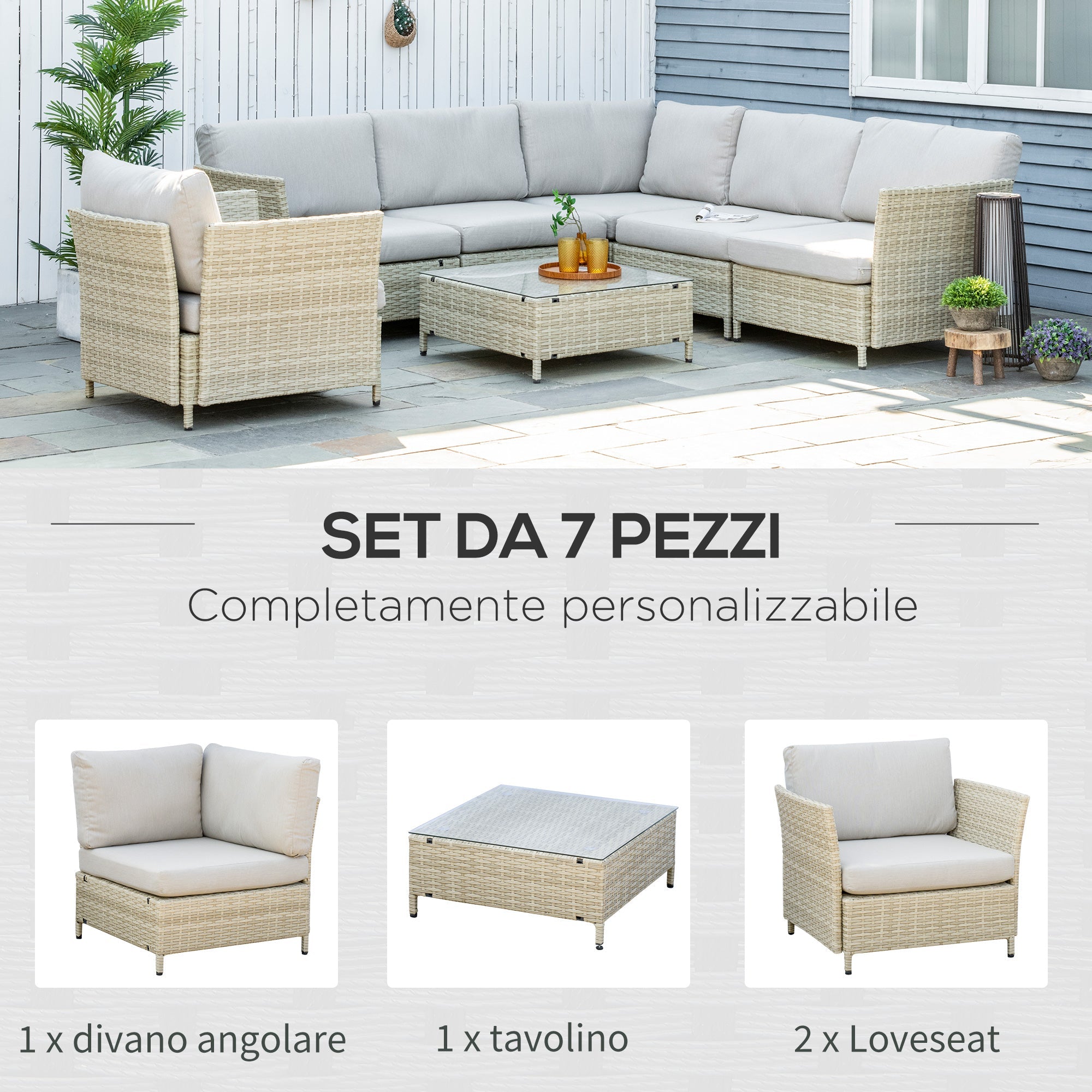 Easycomfort Salotto da Giardino 7 Pezzi Modulabile in Rattan PE with Cuscini, Beige