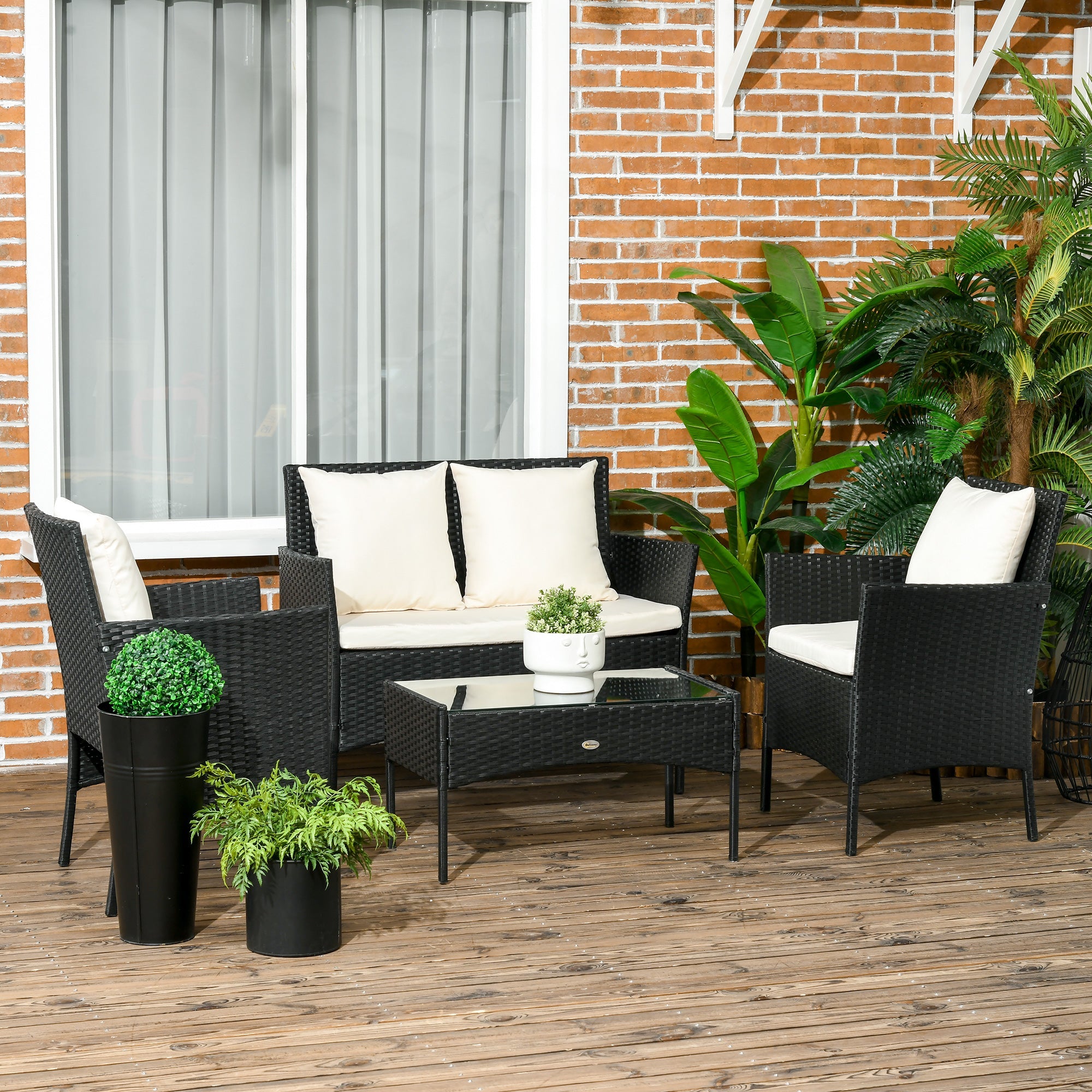 Easycomfort Set da Giardino 4Pezzi in Rattan with 2 Sedie, Poltrona da Giardino a 2 Posti e Tavolino Basso