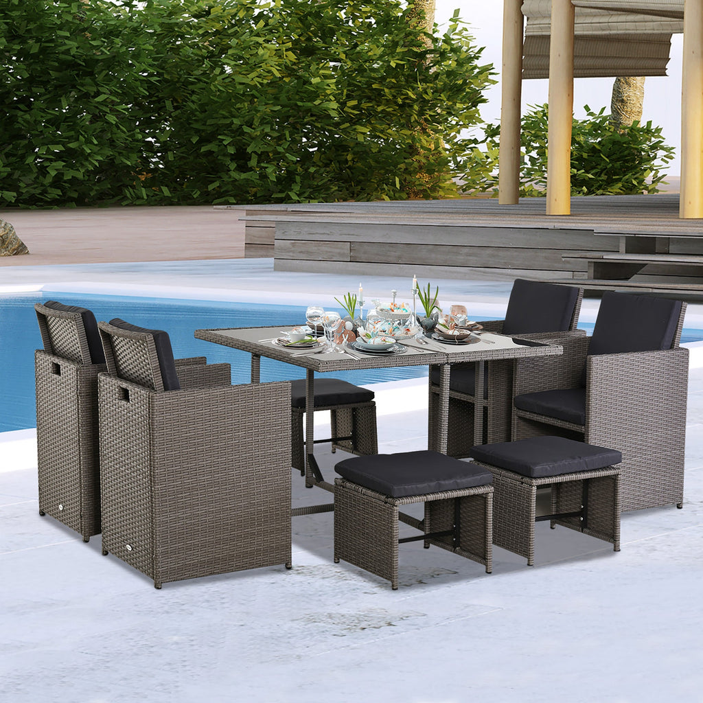 EASYCOMFORT Outdoor Garden Furniture Set 9 pieces Table with 4 Chairs 4 Footstools in Rattan, Gray