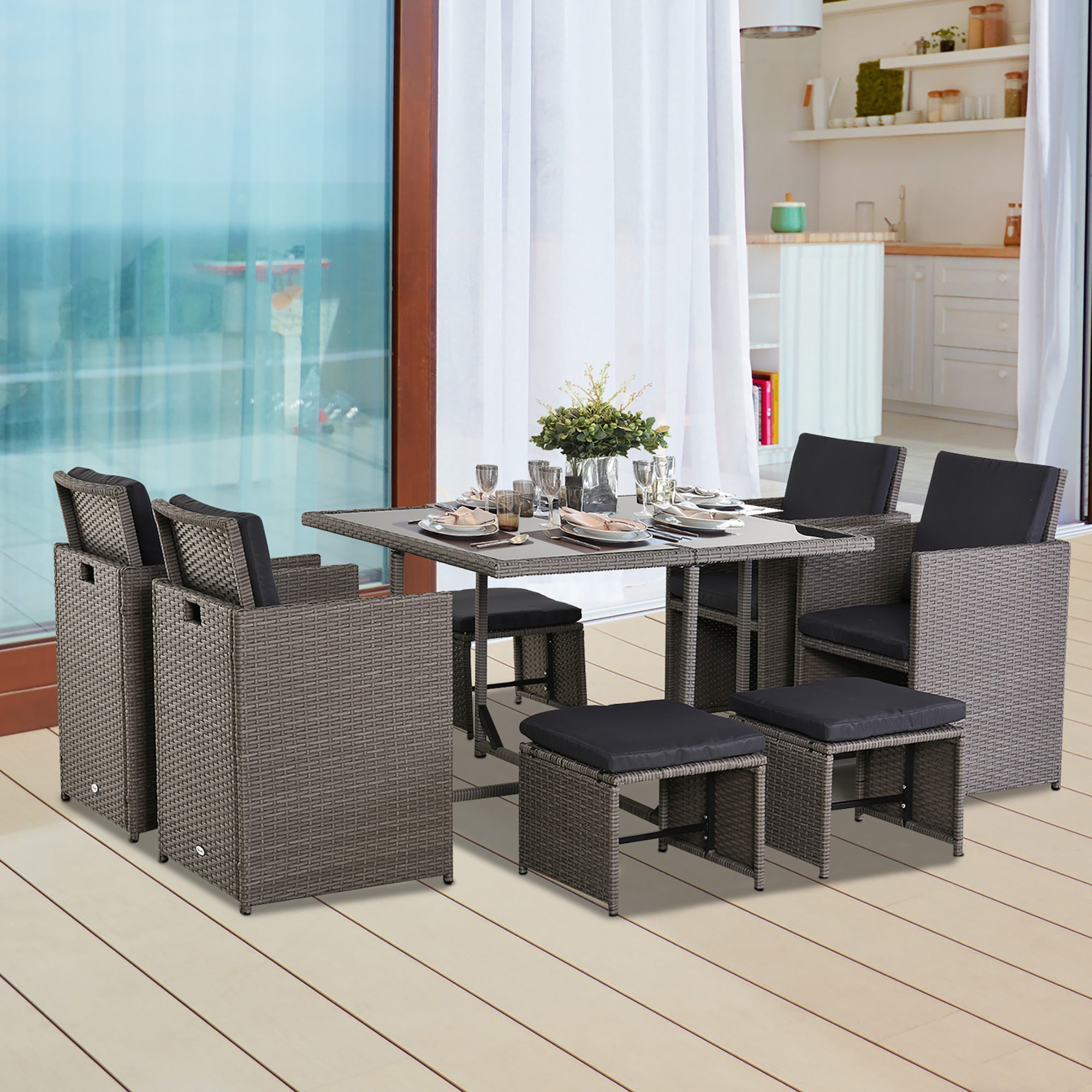 EASYCOMFORT Outdoor Garden Furniture Set 9 pieces Table with 4 Chairs 4 Footstools in Rattan, Gray