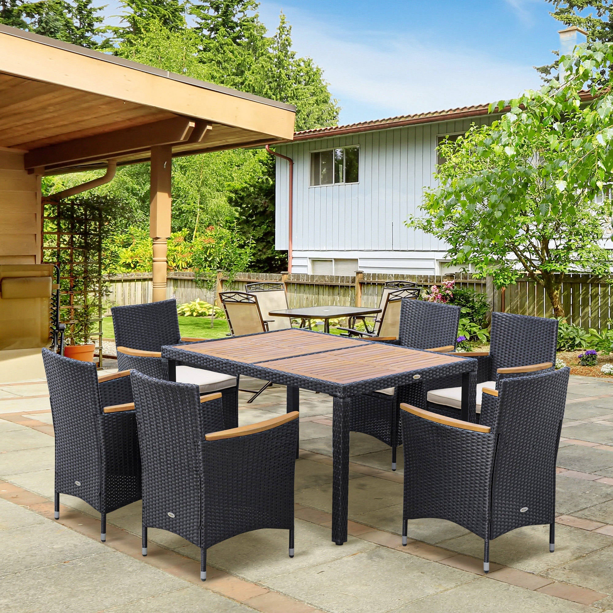 EasyComfort 7-delige tuinset van PE-rattan en acaciahout – zwart