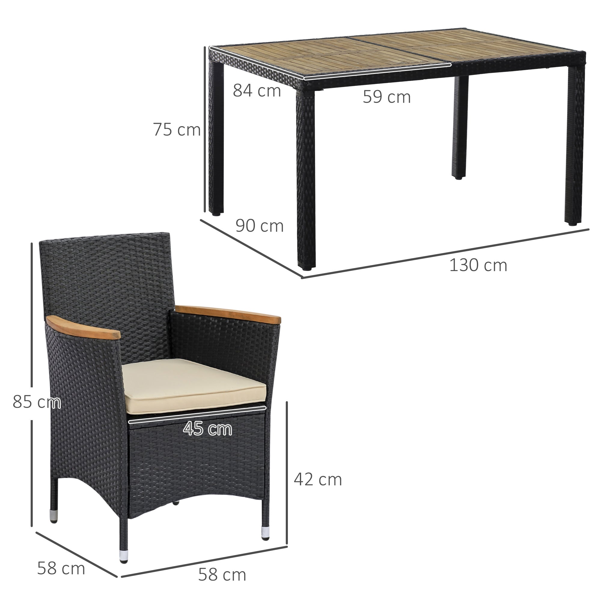 Easycomfort Set Tavolo e Sedie da Giardino 7 Pezzi in PE Rattan e Legno with Cuscini Morbidi, black