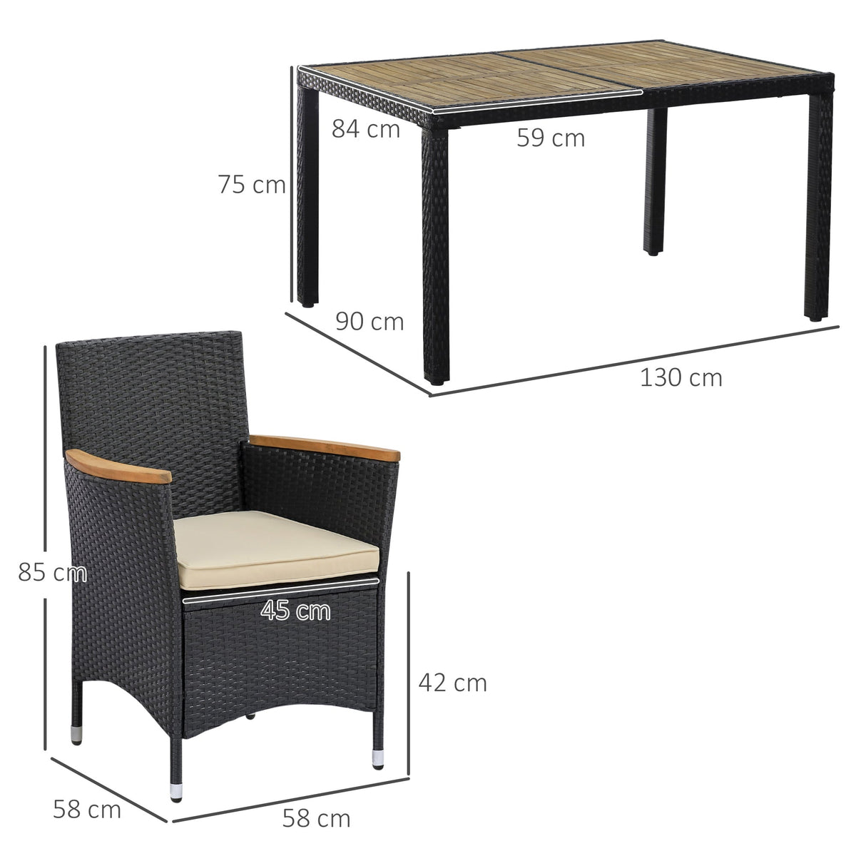 EasyComfort 7-delige tuinset van PE-rattan en acaciahout – zwart