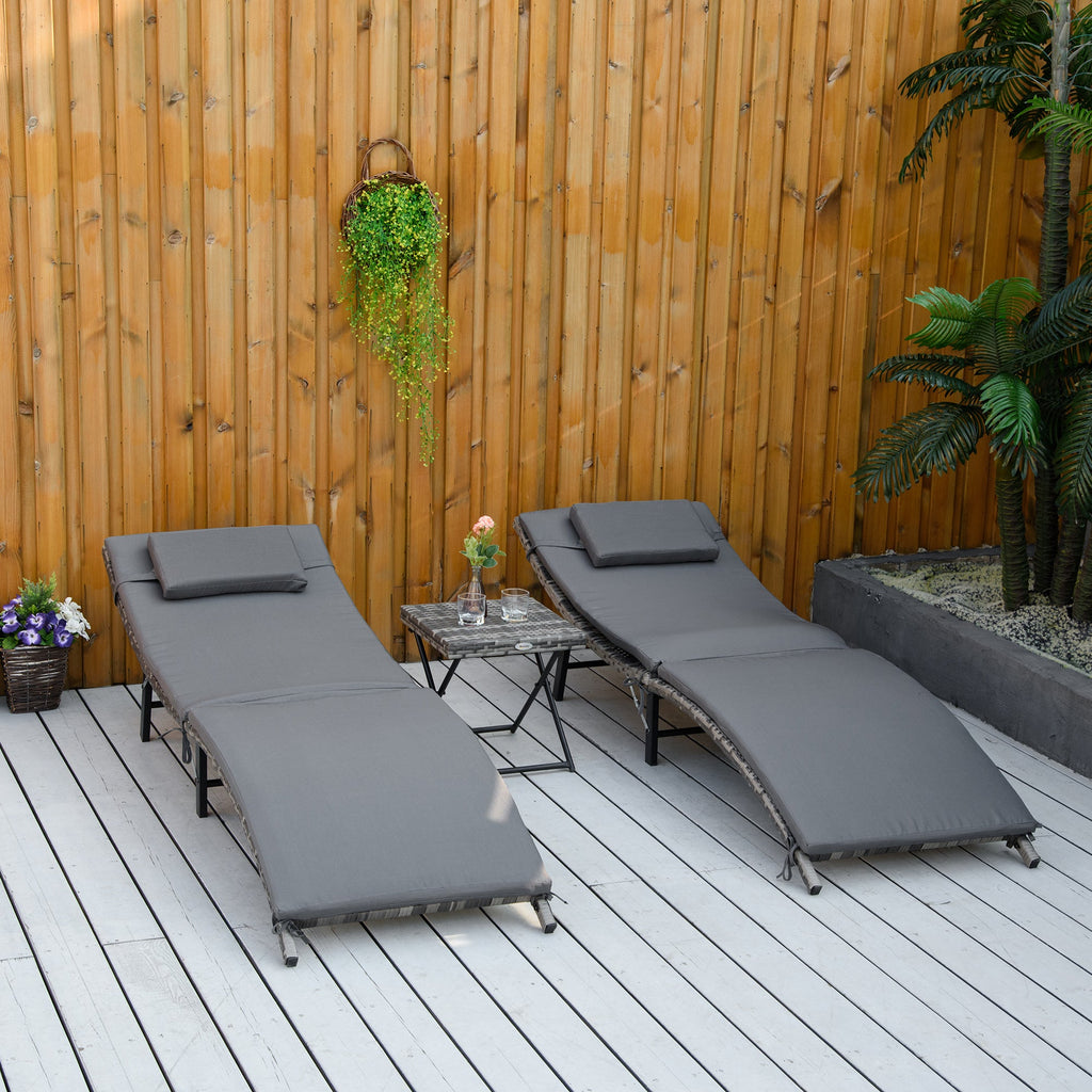 EASYCOMFORT Foldable Sun Loungers with Removable Cushions and Folding Table, Set of 3 in Rattan, Gray