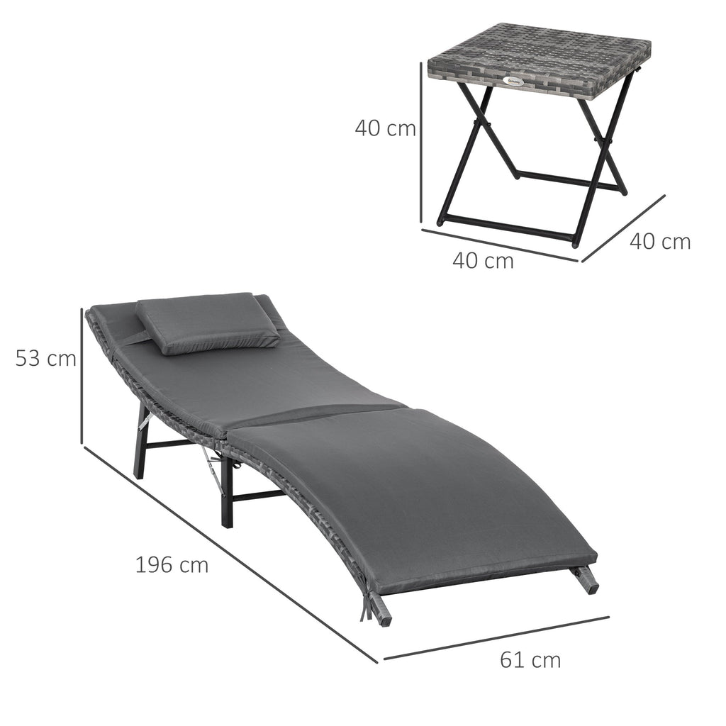 EASYCOMFORT Foldable Sun Loungers with Removable Cushions and Folding Table, Set of 3 in Rattan, Gray