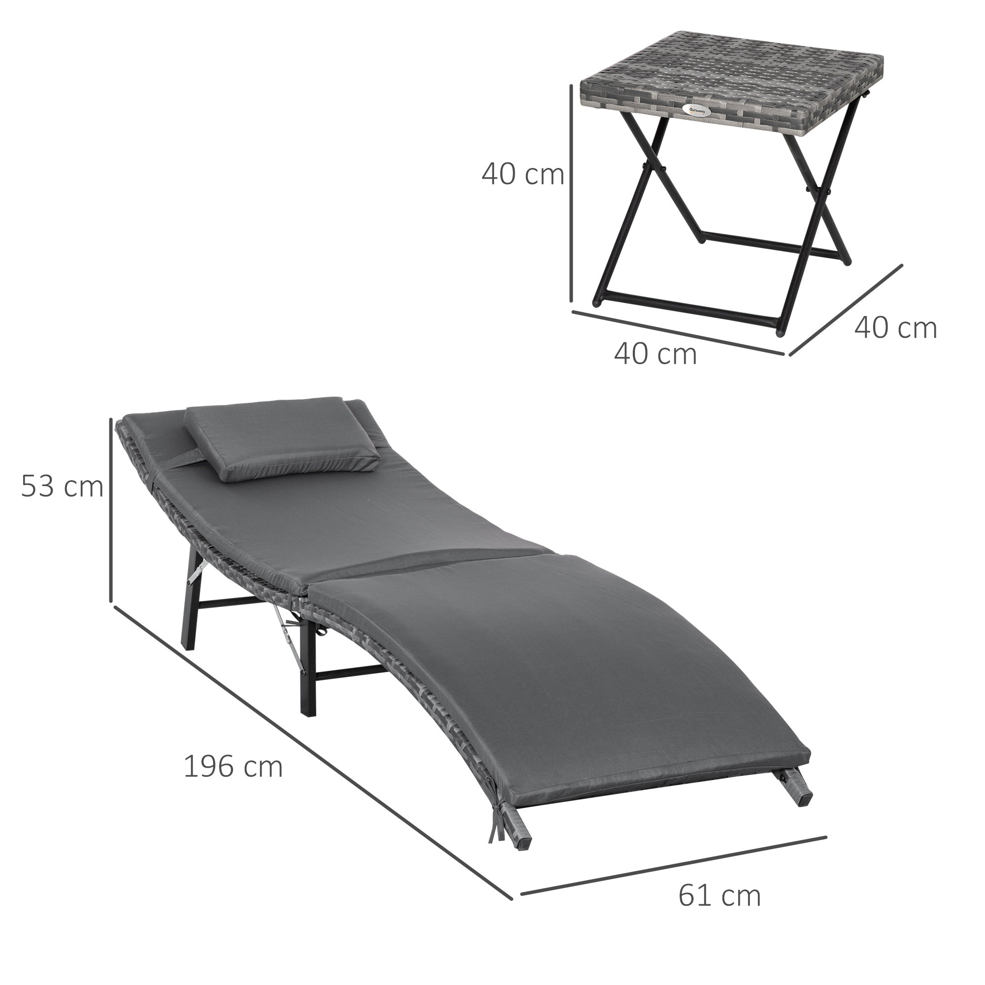 EASYCOMFORT Foldable Sun Loungers with Removable Cushions and Folding Table, Set of 3 in Rattan, Gray
