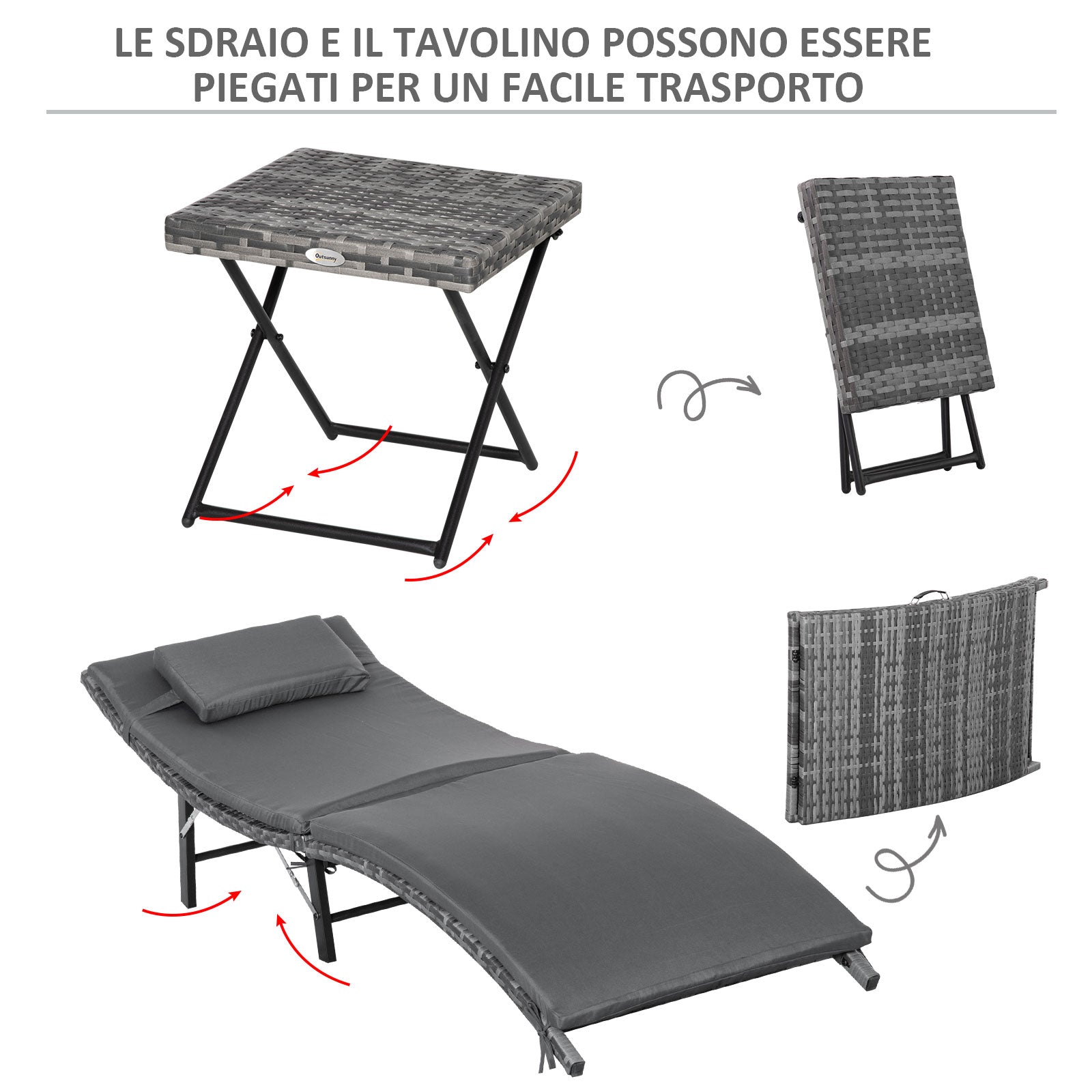 EASYCOMFORT Foldable Sun Loungers with Removable Cushions and Folding Table, Set of 3 in Rattan, Gray