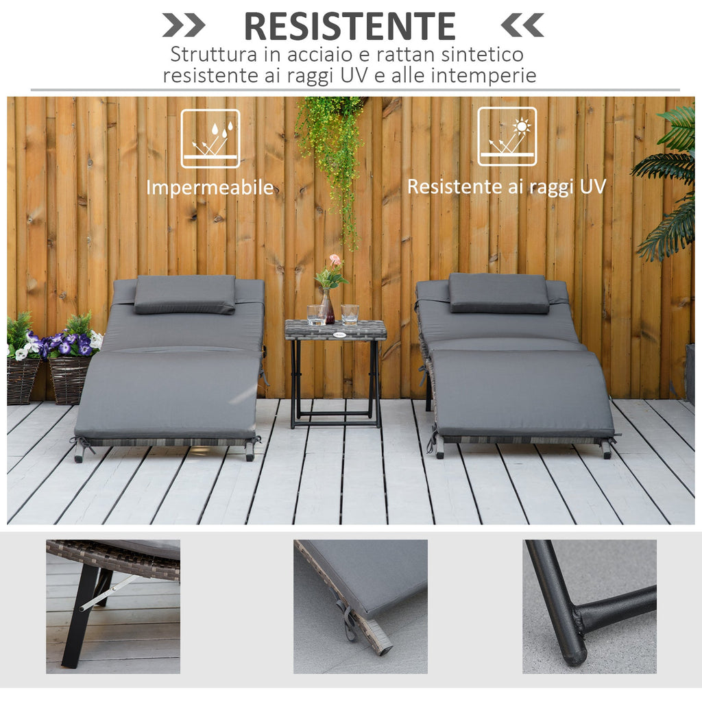 EASYCOMFORT Foldable Sun Loungers with Removable Cushions and Folding Table, Set of 3 in Rattan, Gray