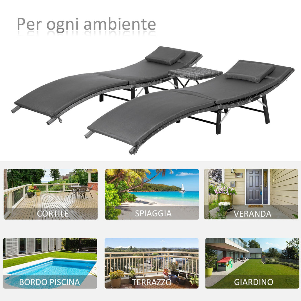 EASYCOMFORT Foldable Sun Loungers with Removable Cushions and Folding Table, Set of 3 in Rattan, Gray