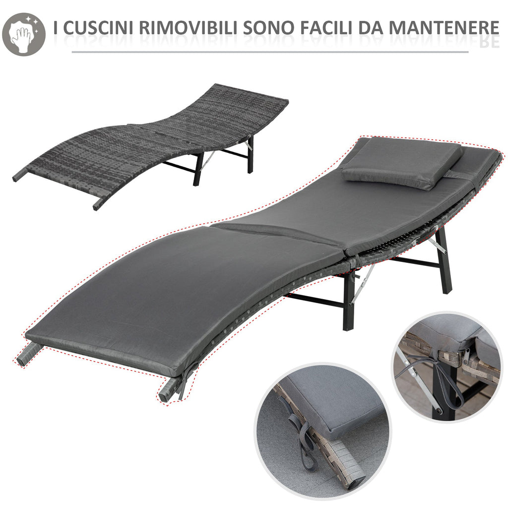 EASYCOMFORT Foldable Sun Loungers with Removable Cushions and Folding Table, Set of 3 in Rattan, Gray