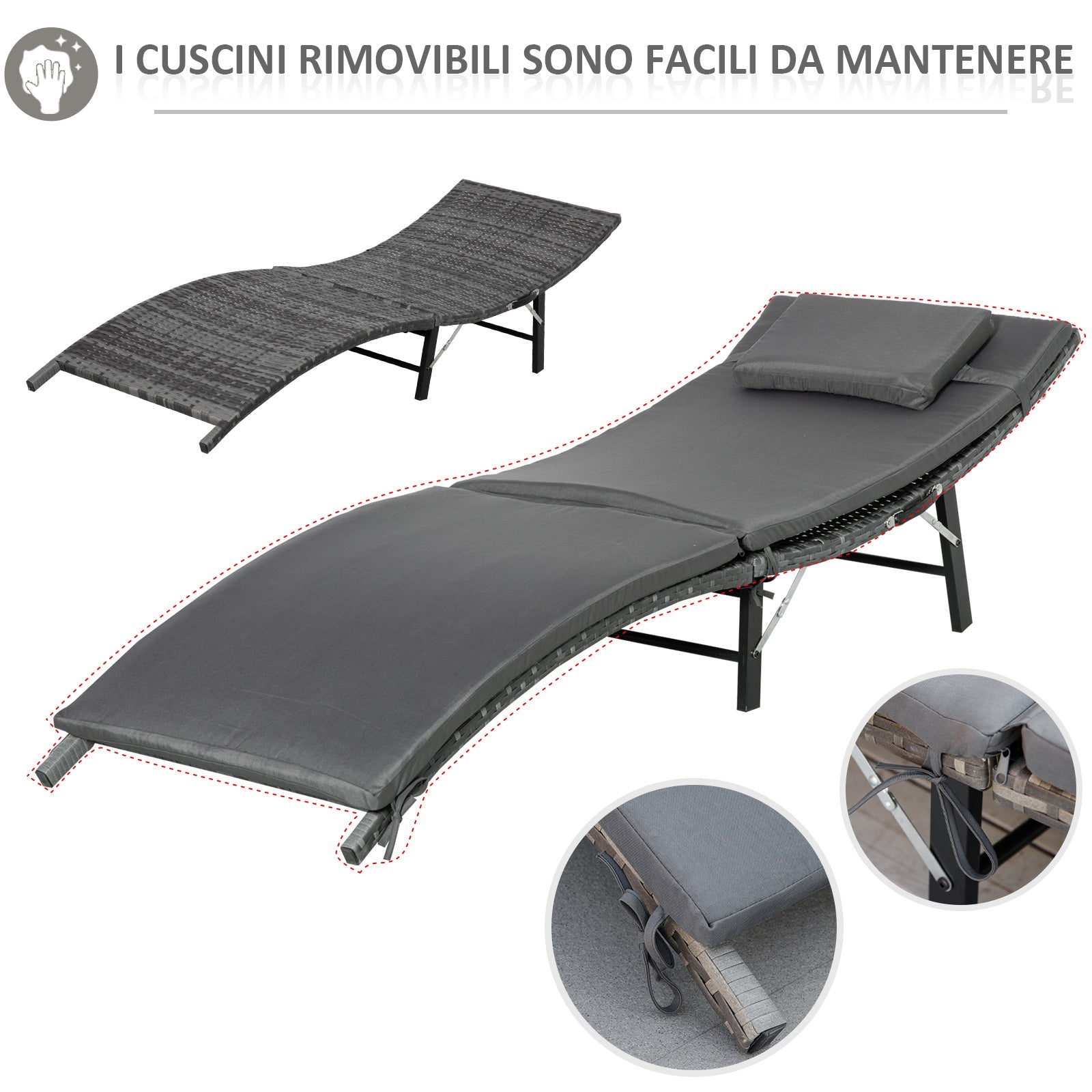 EASYCOMFORT Foldable Sun Loungers with Removable Cushions and Folding Table, Set of 3 in Rattan, Gray