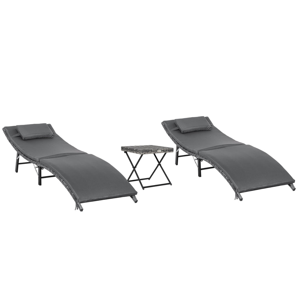EASYCOMFORT Foldable Sun Loungers with Removable Cushions and Folding Table, Set of 3 in Rattan, Gray