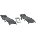 EASYCOMFORT Foldable Sun Loungers with Removable Cushions and Folding Table, Set of 3 in Rattan, Gray