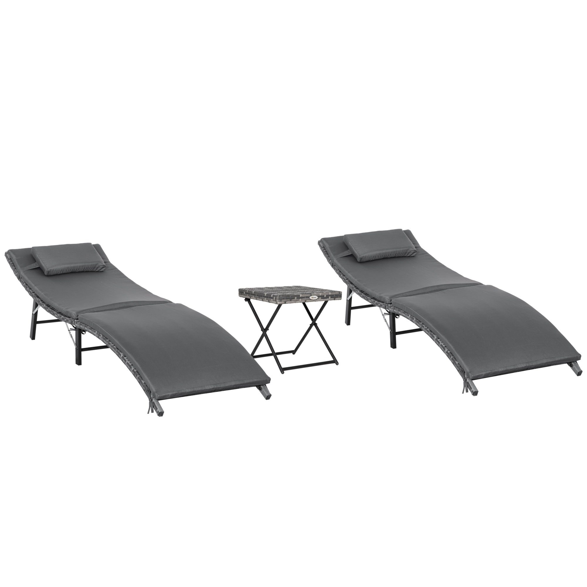 EASYCOMFORT Foldable Sun Loungers with Removable Cushions and Folding Table, Set of 3 in Rattan, Gray