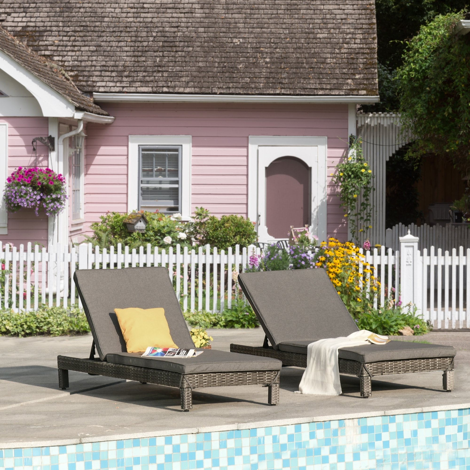EASYCOMFORT Set van 2 ligstoelen PE-rattan met grijs kussen