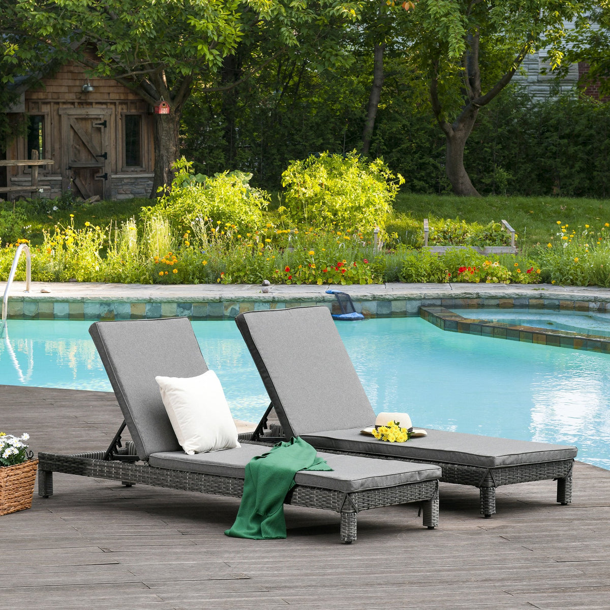EASYCOMFORT Set van 2 ligstoelen PE-rattan met grijs kussen