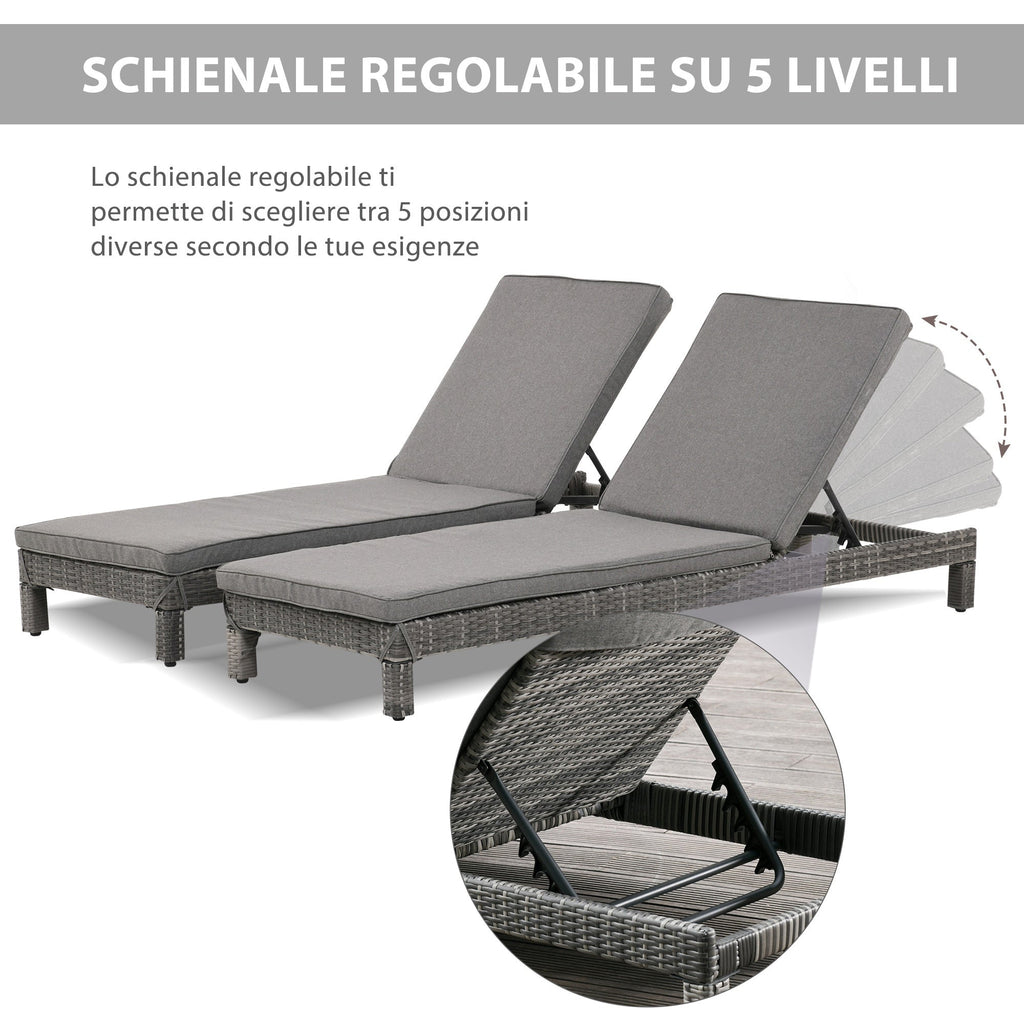 EASYCOMFORT Set van 2 ligstoelen PE-rattan met grijs kussen