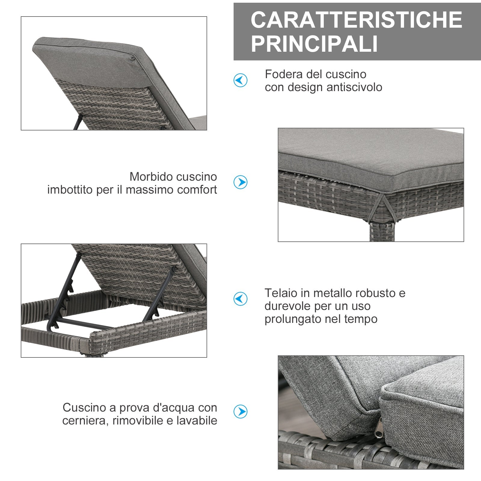 EASYCOMFORT Set van 2 ligstoelen PE-rattan met grijs kussen