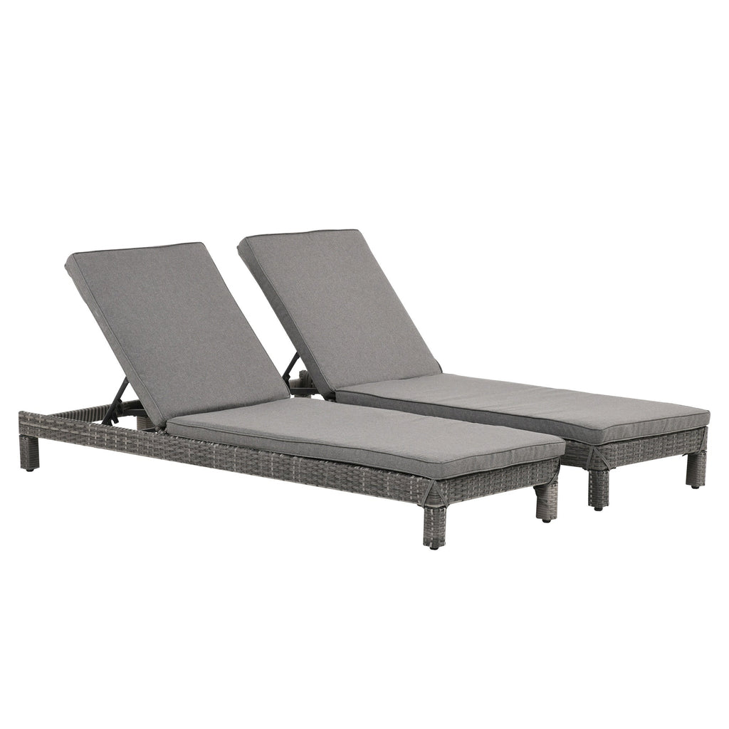EASYCOMFORT Set van 2 ligstoelen PE-rattan met grijs kussen