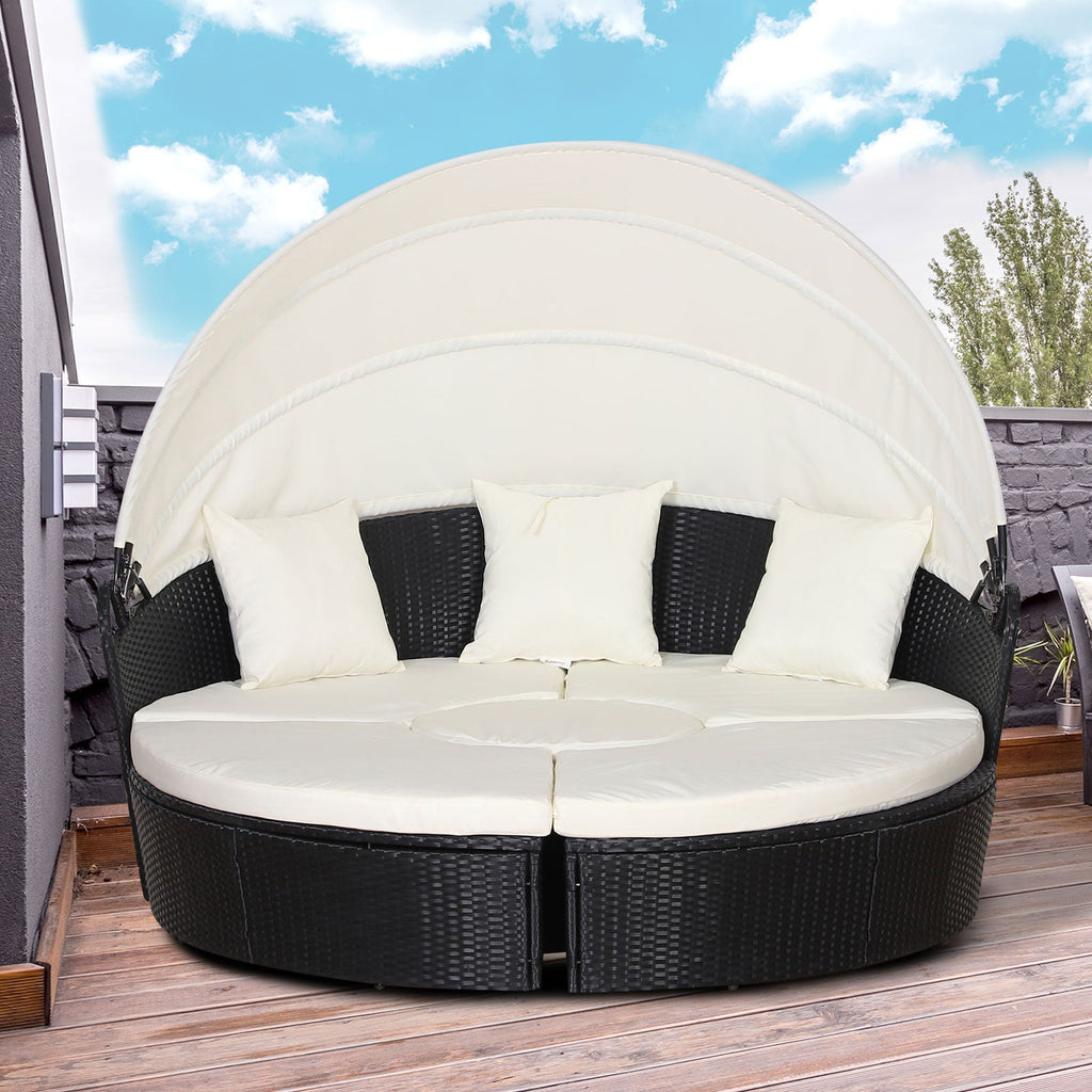 Easycomfort Set 4 Pzi Divano Circolare da Giardino, Mobili Componibili Rattan black, Tettuccio e Cuscini Beige 180x175x147cm