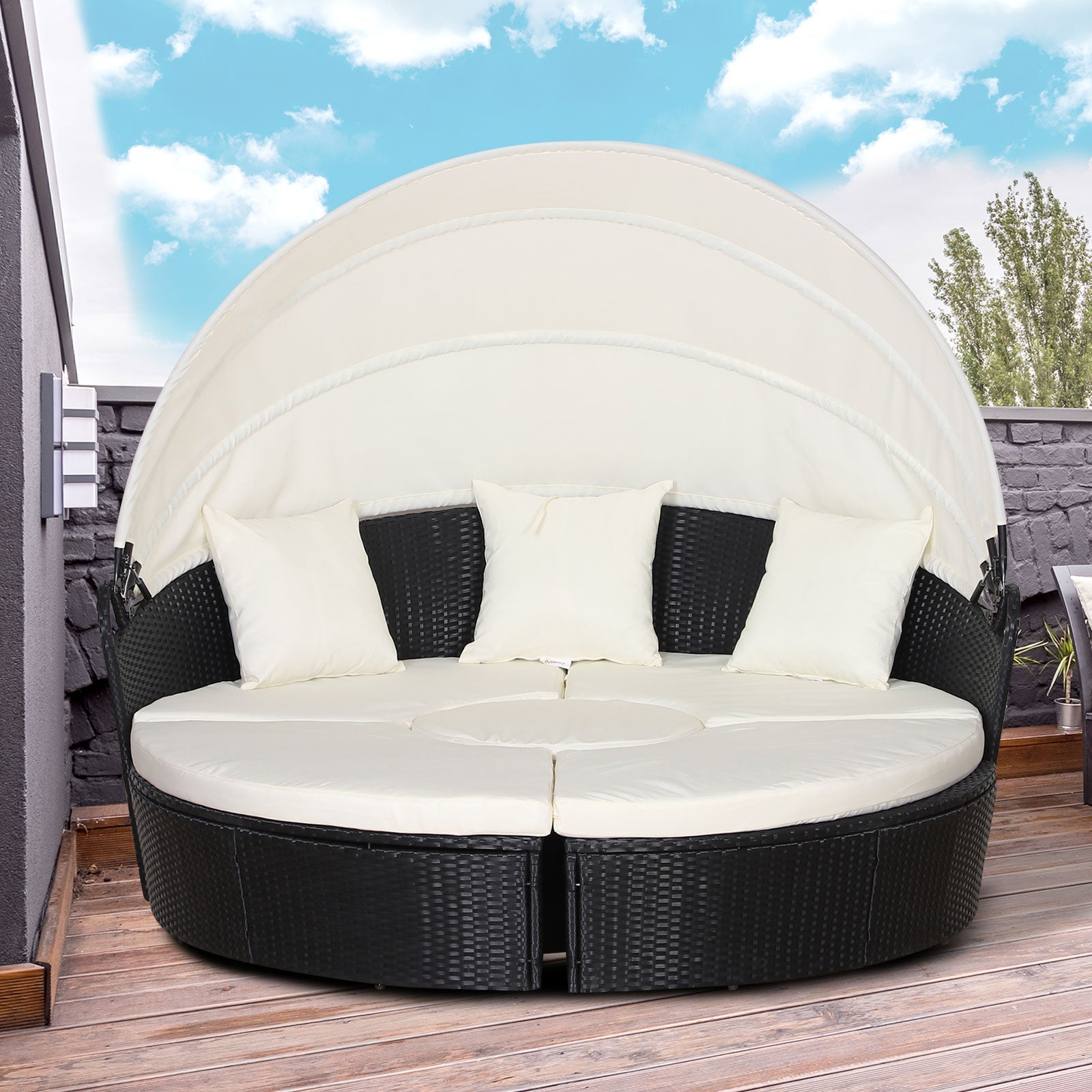 Easycomfort Set 4 Pzi Divano Circolare da Giardino, Mobili Componibili Rattan black, Tettuccio e Cuscini Beige 180x175x147cm