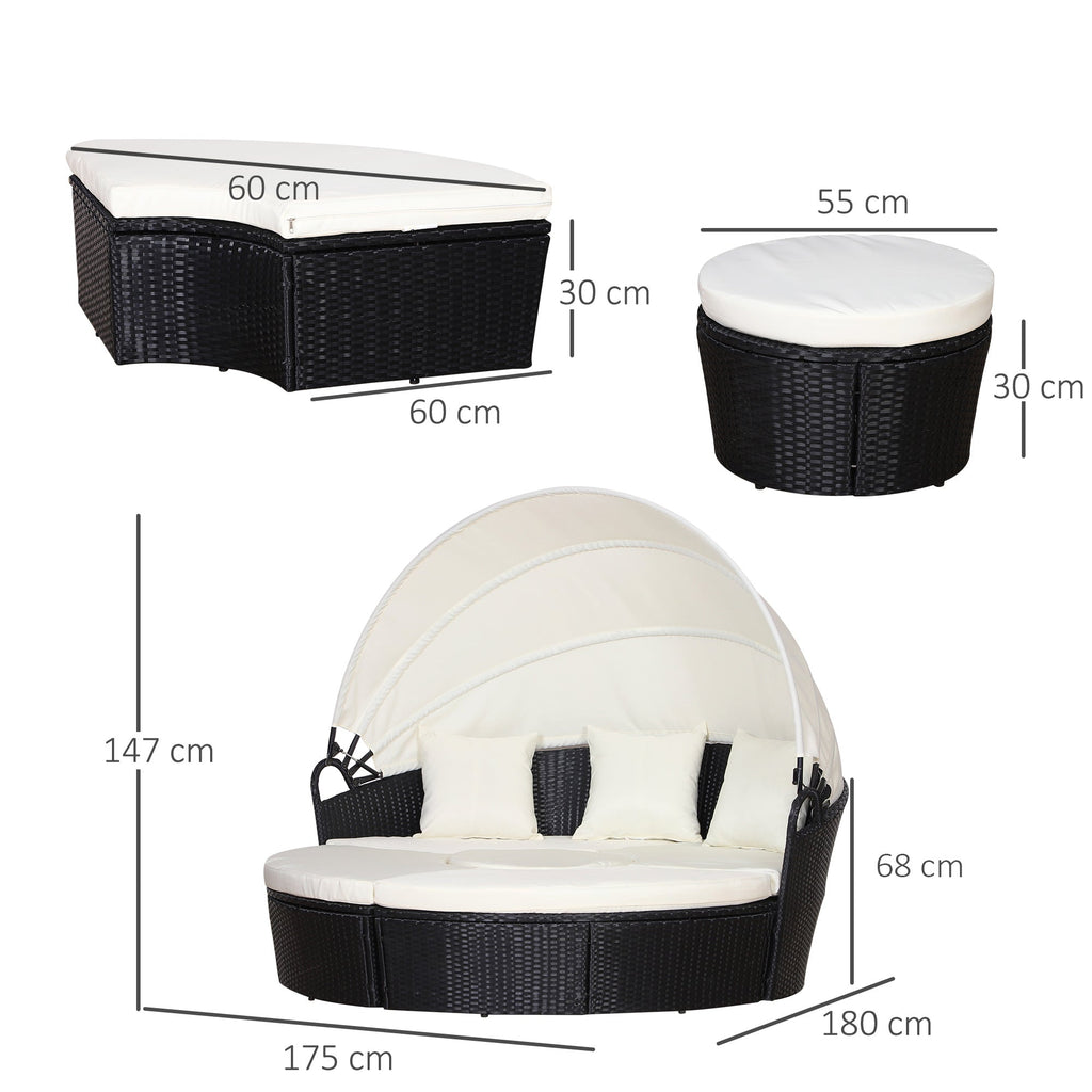 Easycomfort Set 4 Pzi Divano Circolare da Giardino, Mobili Componibili Rattan black, Tettuccio e Cuscini Beige 180x175x147cm
