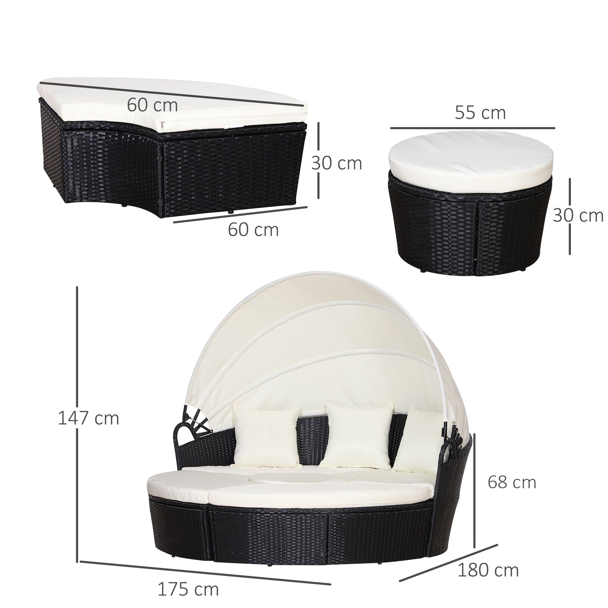 Easycomfort Set 4 Pzi Divano Circolare da Giardino, Mobili Componibili Rattan black, Tettuccio e Cuscini Beige 180x175x147cm