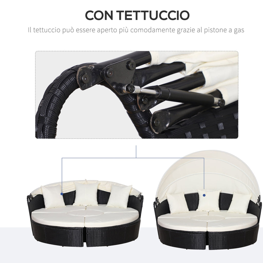 Easycomfort Set 4 Pzi Divano Circolare da Giardino, Mobili Componibili Rattan black, Tettuccio e Cuscini Beige 180x175x147cm