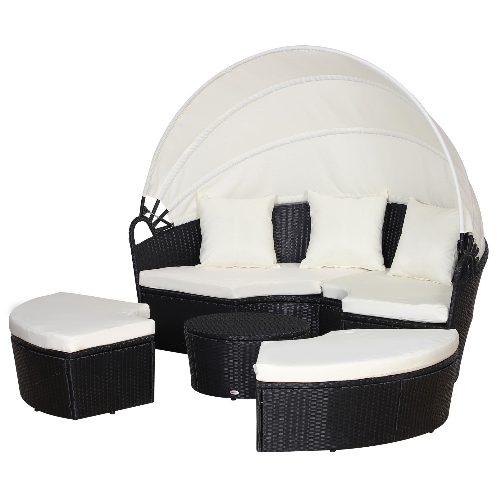 Easycomfort Set 4 Pzi Divano Circolare da Giardino, Mobili Componibili Rattan black, Tettuccio e Cuscini Beige 180x175x147cm