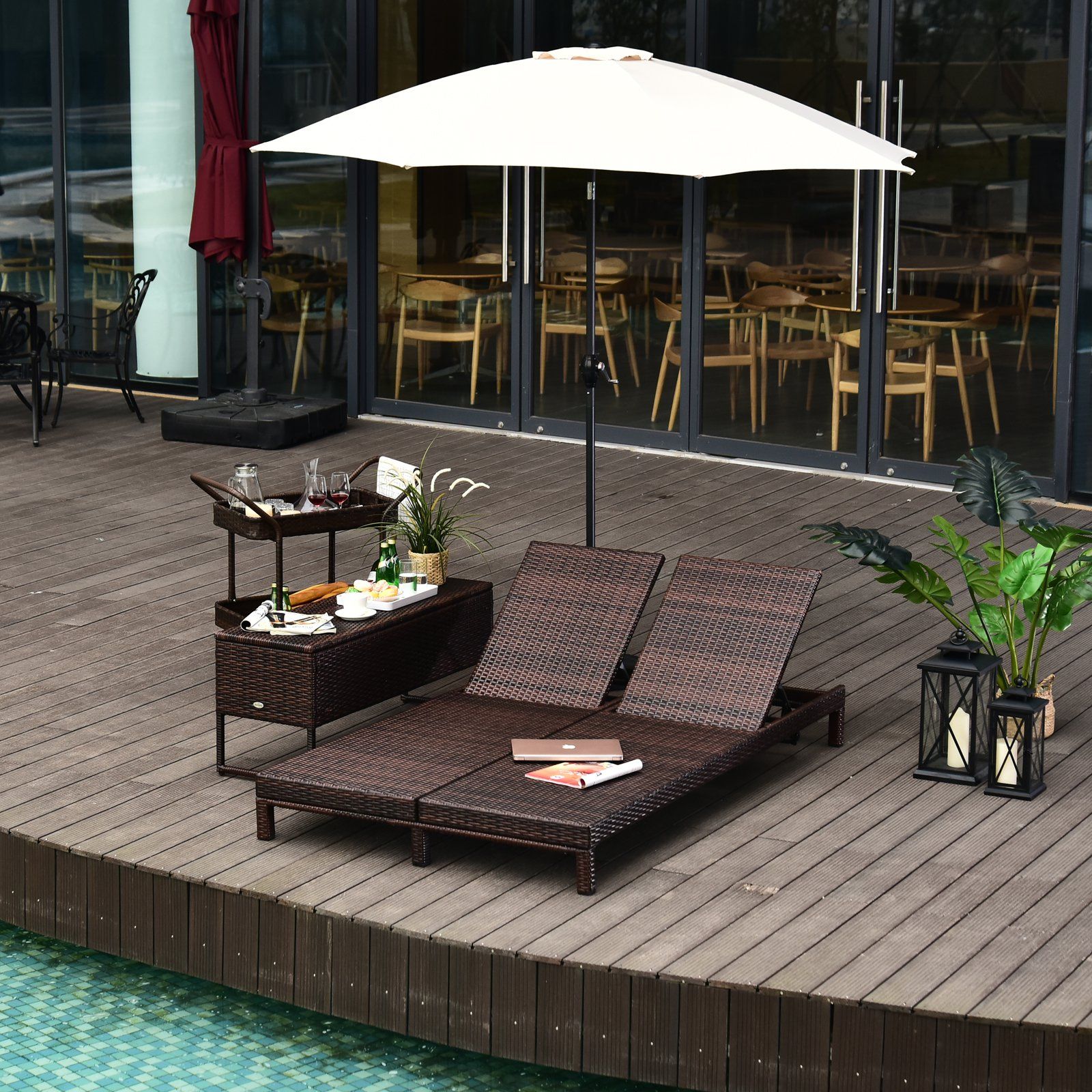 EASYCOMFORT 2-Seater Sun Lounger in Brown PE Rattan with White Mattress