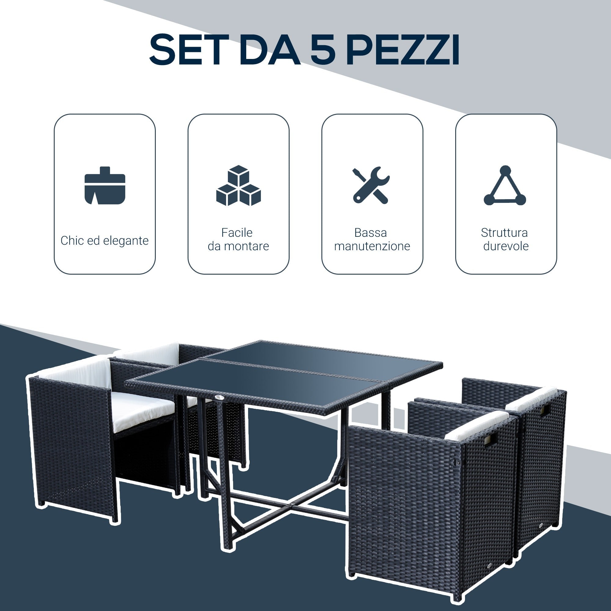 Easycomfort Set Mobili da Giardino 5pz Set Tavolo da Pranzo with 4 Sedie with Cuscini Combinabili a Rettangolo, black, 109x109x72 cm