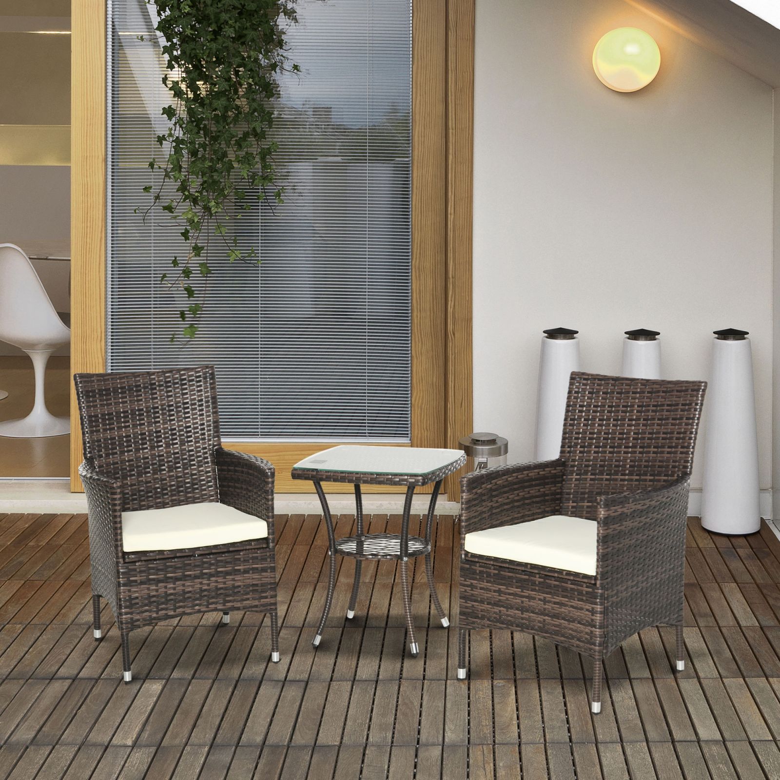 EASYCOMFORT Set of Rattan Garden Armchairs with Coffee Table, Brown