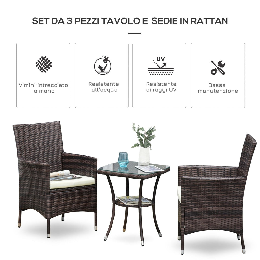 EASYCOMFORT Set of Rattan Garden Armchairs with Coffee Table, Brown